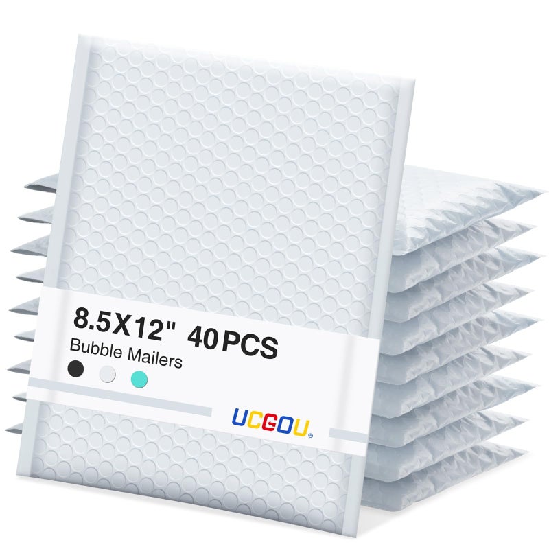 UCGOU Bubble Mailers 8.5x12 Inch 40 Pack Usable Size 8.5x11 Inch White Padded Envelopes Medium Waterproof Packaging Bags for Shipping Self Seal Strong Adhesive Envelopes for Jewelry Makeup Supplies - Image 1